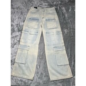 American‎ Bazi Pants Large Baggy Wide Leg Cargo Stretch Blue Bleached